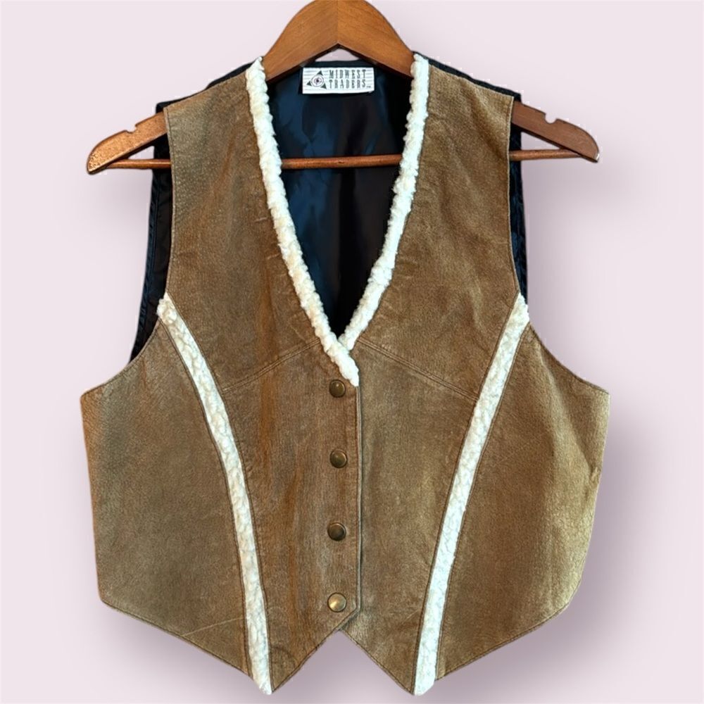 MIDWEST TRADERS Vtg Leather Vest With Sherpa Trim